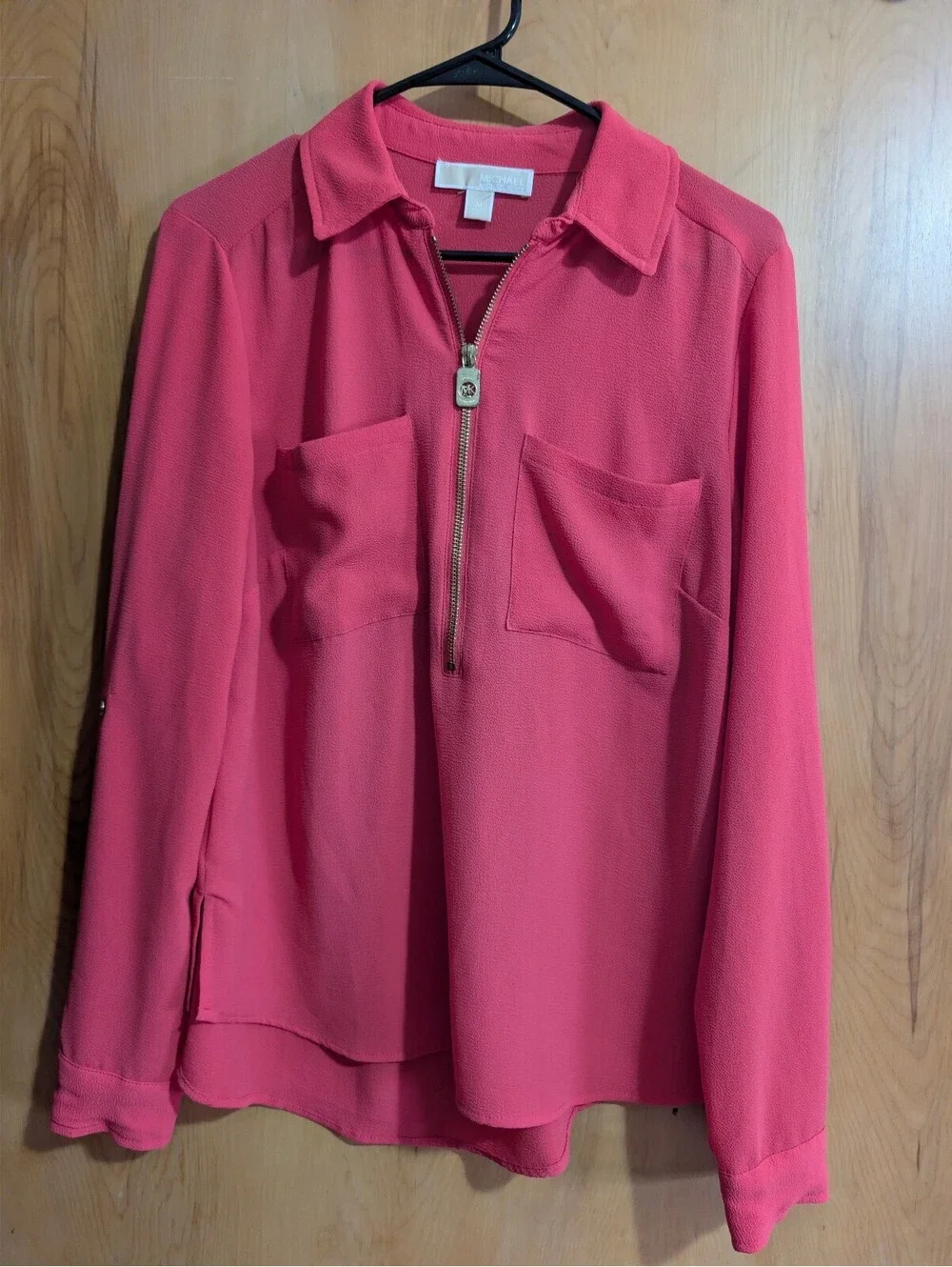 Michael Kors Medium Red Zip Front Long Sleeve Blouse